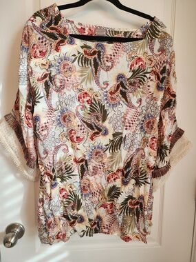 Chico's Cream Paisley-Print Boatneck Tunic with Floral Accents